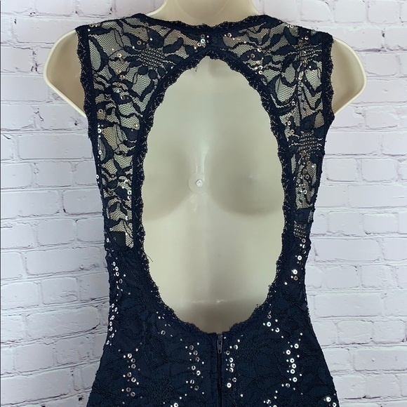 ✨Navy Lace & Silver sequin Open back Dress stretch - Picture 5 of 8